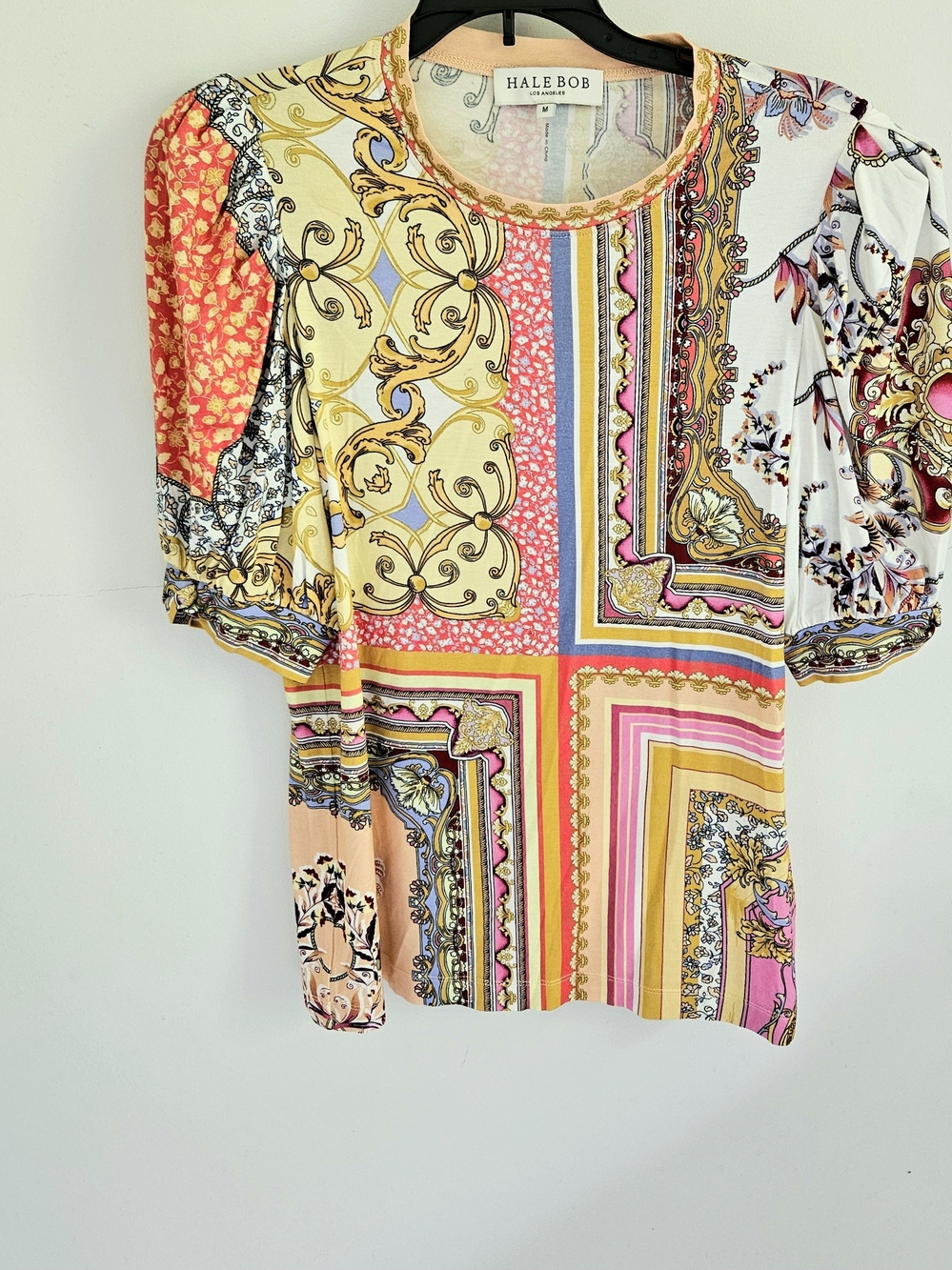 Hale Bob Top Patchwork Print Puff Sleeve — Yellow Pink White